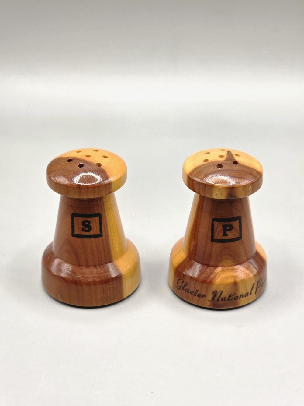 Vintage Glacier National Park Cedar Wood Salt and Pepper Shakers Souvenir MCM